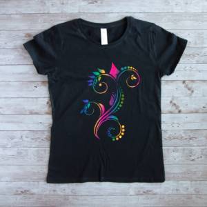 Damen T-Shirt mit Blumen Motiv schwarzes Damen T-Shirt Einzelstück in Größe S Bild 1
