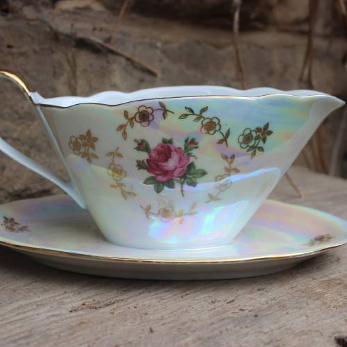 Sauciere Rosen Goldrand Perlmutt Kahla Porzellan 50er 60er Jahre GDR DDR