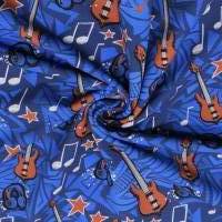 French Terry Sweat Stoffe Sommersweat-Rock & Roll-Rock braune Gitarre auf blau Männerstoffe Jungs Meterware Noten Sterne Bild 1
