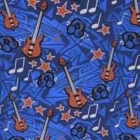 French Terry Sweat Stoffe Sommersweat-Rock & Roll-Rock braune Gitarre auf blau Männerstoffe Jungs Meterware Noten Sterne Bild 2