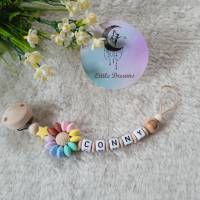 Schnullerkette mit Namen, Blume, Regenbogen + FARBAUSWAHL + Organzasäckchen Bild 1