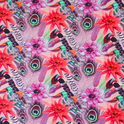 Jersey mit Blumen und Pfauenfedern Bromelien Lila rot 50 x 150 cm Stoff Nähen ♕