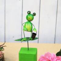 Frosch auf Holzsockel Dekofigur Gartendeko mit Eimer Bild 2