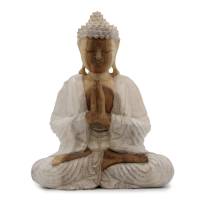 Buddha Statue Whitewash aus Suar Holz 30cm handgeschnitzt Willkommen Bild 1
