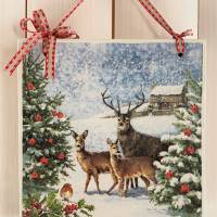 Holzbild, Weihnachten, Rehe und Hirsch mit Tannenbäumen Bild 1