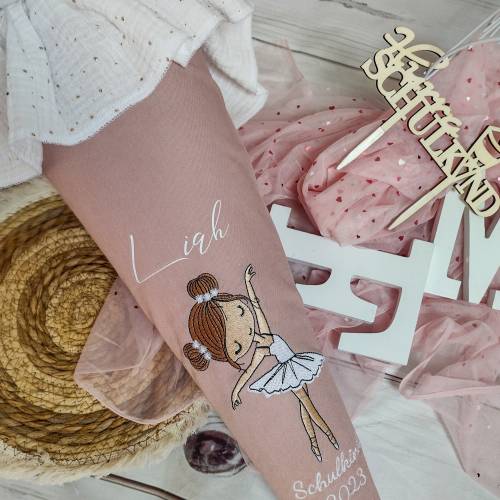 Schultüte aus Baumwolle in Rosa mit Ballerina ,Namen und Papprohling nach Wunsch