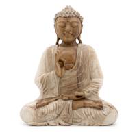 Buddha Statue Whitewash aus Suar Holz 40cm handgeschnitzt Unterrichtsübertragung Bild 1