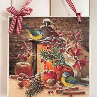 Holzbild, Weihnachten, Meisen mit Laterne Bild 1