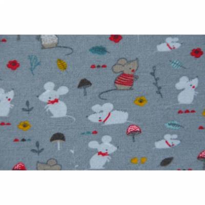 Jersey mit Mäuschen Maus Pilzen Blumen Blätter grau 50 x 150 cm ♕