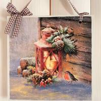 Holzbild, Weihnachten, Rotkehlchen mit Laterne Bild 1