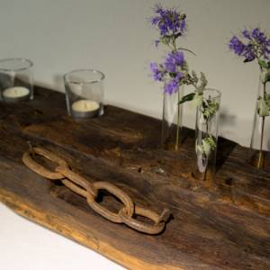 Kerzenhalter aus Holz für Teelichter - aus antiken Eichenholz - mit Teelichtgläser und Reagenzgläser für Blumen Bild 3