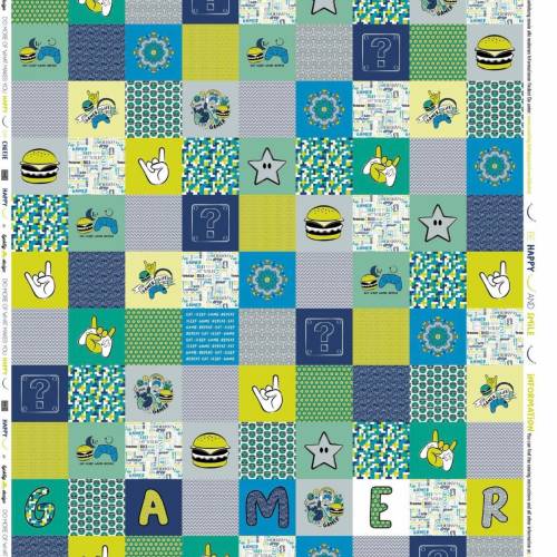 SALE Patchwork Blanket by lycklig design by Swafing, farbenfrohes Baumwoll-Webware fortlaufendes Design, Boys / Gamer bl