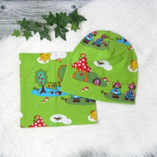 Beanie-Mütze Schlauchschal Set KU 47-50 Motiv-Zwergenland