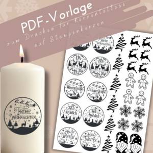 PDF Vorlage Wintergrüße Kerzentattoo für Stumpenkerzen | Weihnachten Kerzensticker Adventslicht | Winterzauber DIY Nikol Bild 1
