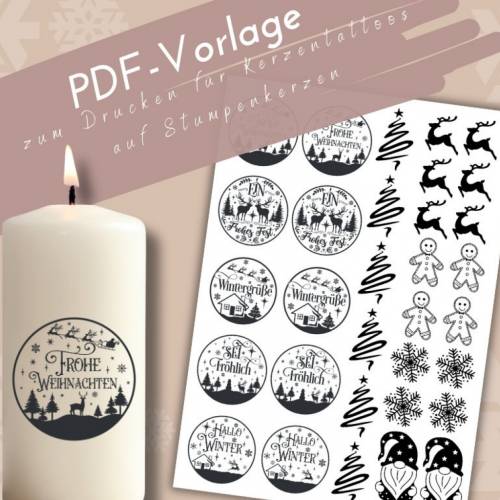 PDF Vorlage Wintergrüße Kerzentattoo für Stumpenkerzen | Weihnachten Kerzensticker Adventslicht | Winterzauber DIY Nikol