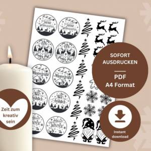 PDF Vorlage Wintergrüße Kerzentattoo für Stumpenkerzen | Weihnachten Kerzensticker Adventslicht | Winterzauber DIY Nikol Bild 3