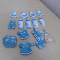 15 St. Mini - Baby Strampler u.a.Streuteile  Taufe in blau , zum Basteln - Entwerfe dein Geschenk selbst Bild 1