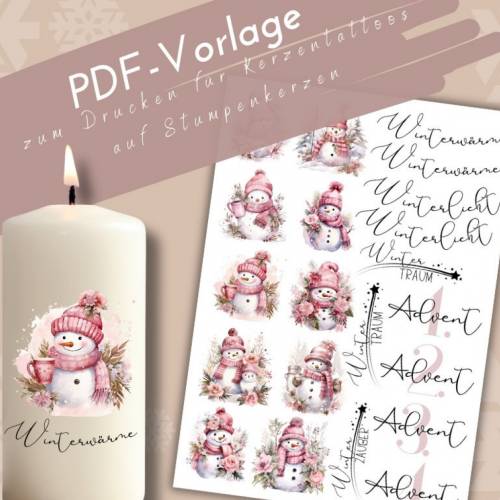PDF Vorlage rosa Weihnacht Kerzentattoo für Stumpenkerzen | rosa Weihnachten Kerzensticker Adventszahlen | DIY Winterzau