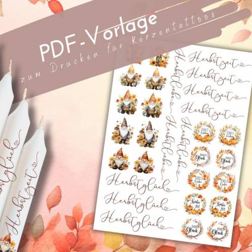 PDF Herbstzwerg Vorlage Kerzentattoo | Kerzensticker Herbstzauber Herbstzeit | DIY Herbstbilder und Schriftzüge