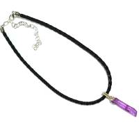 Kristall Anhänger lila am Kunstlederband Quarz in wirework silberfarben handgemacht Halsband Bild 2