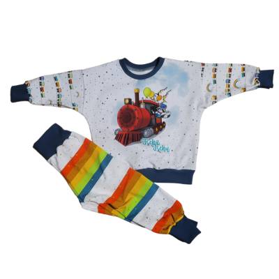 Set gr 92 aus Oversize Pullover und Pumphose mit Eisenbahn handmade