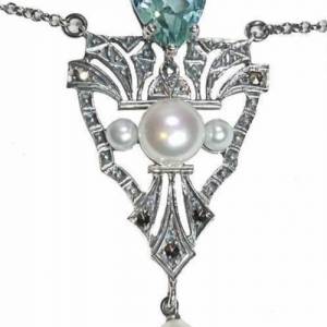 Edles 925 Silber Aqamarin Jugendstil Collier mit Perlen Bild 2