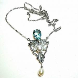 Edles 925 Silber Aqamarin Jugendstil Collier mit Perlen Bild 3