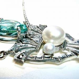 Edles 925 Silber Aqamarin Jugendstil Collier mit Perlen Bild 4