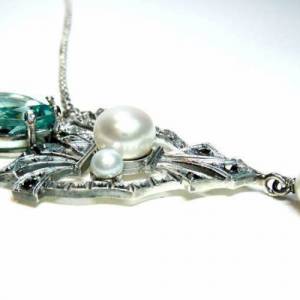 Edles 925 Silber Aqamarin Jugendstil Collier mit Perlen Bild 5