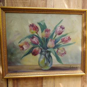 Gemälde Ölgemälde Tulpen Tulpenstrauß Vase Cottage Landhaus Bild 1