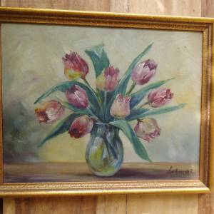 Gemälde Ölgemälde Tulpen Tulpenstrauß Vase Cottage Landhaus Bild 3