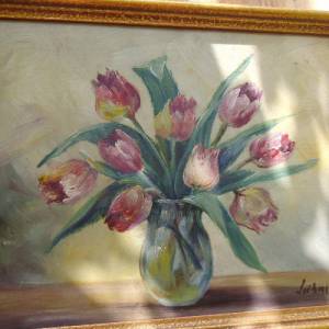 Gemälde Ölgemälde Tulpen Tulpenstrauß Vase Cottage Landhaus Bild 7