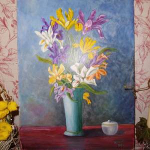 Ölgemälde handgemalt Blumenstrauß 1976 Iris Vase Öl Bild Gemälde oil painting handpainted Vintage auf Faserplatte Wandbi Bild 1