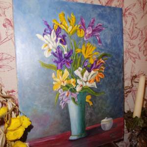 Ölgemälde handgemalt Blumenstrauß 1976 Iris Vase Öl Bild Gemälde oil painting handpainted Vintage auf Faserplatte Wandbi Bild 2