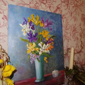 Ölgemälde handgemalt Blumenstrauß 1976 Iris Vase Öl Bild Gemälde oil painting handpainted Vintage auf Faserplatte Wandbi Bild 4