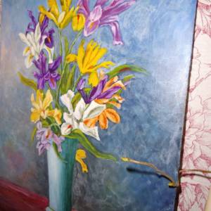 Ölgemälde handgemalt Blumenstrauß 1976 Iris Vase Öl Bild Gemälde oil painting handpainted Vintage auf Faserplatte Wandbi Bild 5