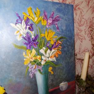 Ölgemälde handgemalt Blumenstrauß 1976 Iris Vase Öl Bild Gemälde oil painting handpainted Vintage auf Faserplatte Wandbi Bild 7