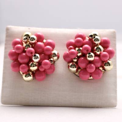 Vintage Ohrclips Perlen Pink Rosa Goldfarbe aus Kunststoff 50er Jahre Ohrschmuck für Sie Wuchtig