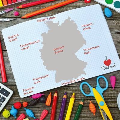 Notizheftchen I love school, DIN A6 Notizheft liniert, Vokabelheftchen, Paperback mit Softcover und Schulutensilien