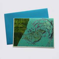 Grußkarte handgemacht mit Vogel- und Blumenmotiv im Stilmix in Türkisgrün Bild 2