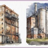 Industriegebäude Fabrik - PNG Bilder Bundle, 12 Hochauflösende Aquarell 4k Grafiken, Transparenter Hintergrund Bild 5