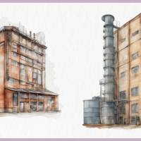 Industriegebäude Fabrik - PNG Bilder Bundle, 12 Hochauflösende Aquarell 4k Grafiken, Transparenter Hintergrund Bild 6