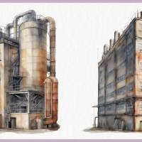 Industriegebäude Fabrik - PNG Bilder Bundle, 12 Hochauflösende Aquarell 4k Grafiken, Transparenter Hintergrund Bild 7