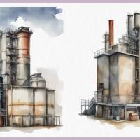 Industriegebäude Fabrik - PNG Bilder Bundle, 12 Hochauflösende Aquarell 4k Grafiken, Transparenter Hintergrund Bild 8