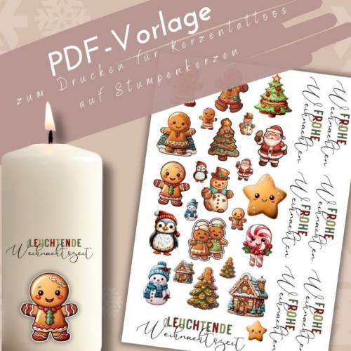 PDF bunte Lebkuchen Vorlage Kerzentattoo für Stumpenkerzen Weihnachten farbig Kerzensticker Adventslicht Winterzauber Ad