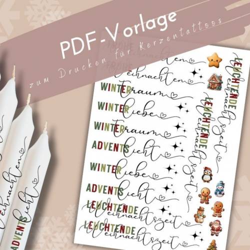 PDF Frohe Weihnachten Vorlage Kerzentattoo Weihnachten farbig Kerzensticker Adventslicht Winterzauber Adventszeit Tannen