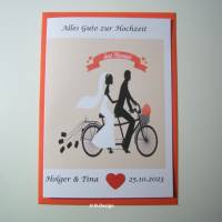 Glückwunschkarte zur Hochzeit-Klappkarte-Kuvert-"Alles Gute zur Hochzeit" Brautpaar auf Fahrrad, personalsiert Bild 1