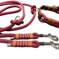 Hundeleine Halsband Set verstellbar, bordeauxrot, mit Leder, ab 20 cm Halsumfang Bild 3