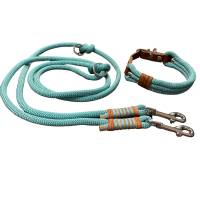 Hundeleine Halsband Set verstellbar, türkisblau, mit Leder, ab 20 cm Halsumfang Bild 1