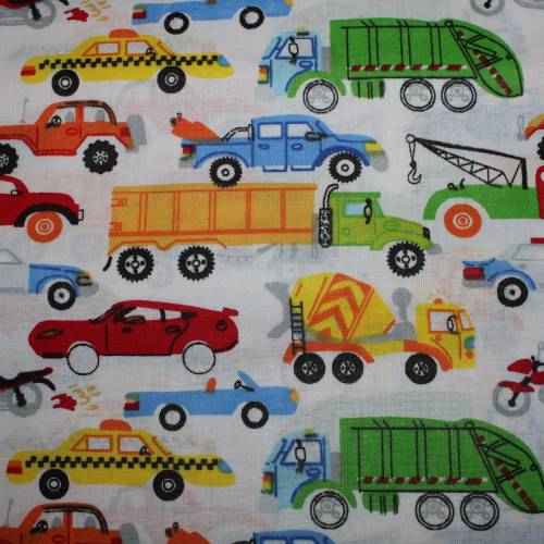 11,50 EUR/m Baumwollstoff Fahrzeuge Taxi Betonmischer auf weiß 100% Baumwolle Webware